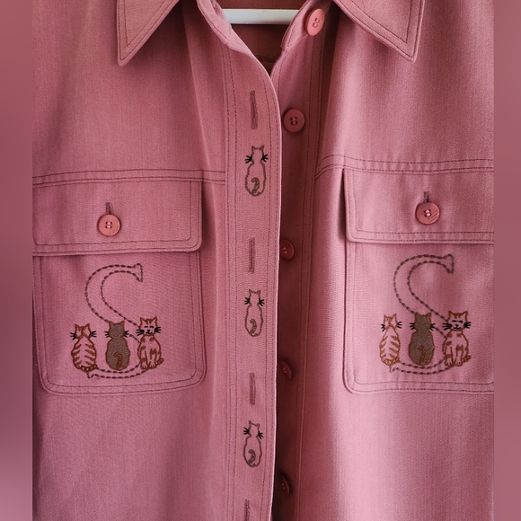 Vintage Embroidered CAT "S" Button Up Pink Collared Long Sleeve - Picture 4 of 11